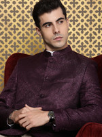 House of Pataudi Self Design Bandhgala Festive Men Blazer(Maroon)