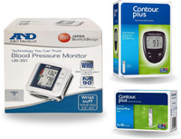 AND UB-351 Wrist Blood Pressure Monitor + Contour Plus Glucometer (50 Strips) | Automatic BP & Sugar Testing Combo Accurate Readings, Easy to Use Bp Monitor(White, Blue)