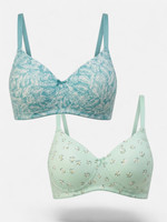 LEADING LADY Women's Printed Non-Padded and Non-Wired Full Coverage Bra Pack of 2 Women T-Shirt Lightly Padded Bra(Blue)