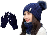 Highever women's winter woolen beanie neck warmer and touchscreen gloves set for Girl's Beanie(Pack of 3)