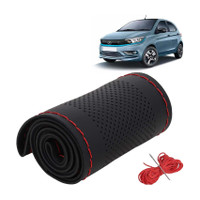 Kingsway Hand Stiched Steering Cover For Tata Universal For Car(Black Color with Red Thread, Leatherite)