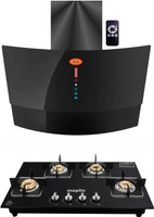 Maplin Combo of 4 Burner LPG Cooktop (GH04) and Kitchen Chimney SUGO (90cm) Auto Clean Wall Mounted Black 1400 CMH Chimney