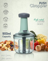 OFFYX Big size hand push 900 ML with 4 Stainless Steel Blades Vegetable & Fruit Chopper(1 Bowl with LID, 1 cutter 4X Blade, 1 Handle)