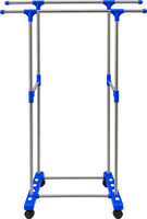 TNC Plastic, Steel Floor Cloth Dryer Stand Double Rod Cloth Drying Stand with Wheels, Heavy-Duty Metal Frame, Blue(2 Tier)