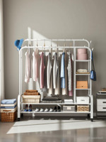 BUCKETLIST Steel Floor Cloth Dryer Stand Portable Garment Rack,Metal Clothes with 2 Hanging Rails, 4 Hooks,4 Side Shelves(5 Tier)