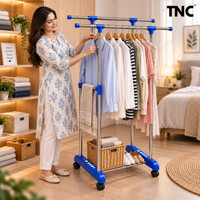 TNC Plastic, Steel Floor Cloth Dryer Stand Double Hanging Clothes Rack with Shoe Storage Base, Metal Body, Blue(2 Tier)