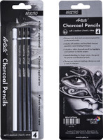 BRuSTRO Artists Charcoal Pencil (3 Black - Soft, Medium, Hard and 1 White - Medium) Round Shaped Color Pencils(Set of 4, Black/White)