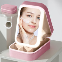 AORDEY Compact LED Makeup Mirror & Jewelry Storage Case with 3 Light Modes – Pink