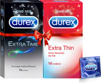 DUREX Extra Thin 10s, Extra Time 10s Pleasure Packs Condom(Set of 2, 20 Sheets)