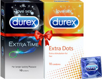 DUREX Extra Dots 10s, Extra Time 10s Pleasure Packs Condom(Set of 2, 20 Sheets)