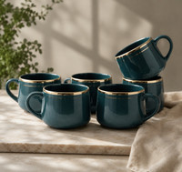 Abdul Traders Pack of 6 Ceramic Premium Ceramic Coffee Mug Set of 6 Dark Green Gold Rim Tea Cup Set(Green, Cup Set)