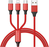 Bestor 3-in-1 Cable 2 A 1.2 m Multi Charging Cable 4ft 3 in 1 Nylon Braided Multiple Fast for Android, iOS and Devices USB Port Connectors Tablets And More(Compatible with Mobiles, Tablets, Smart Phones, iOS Devices, Android Devices, Red, One Cable, USB Type A To 3-in-1 Cable)