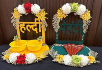 Wedlock Haldi Mehendi Tray | Combo of Haldi Mehendi Platter Wood Decorative Platter(Multicolor, Pack of 2)