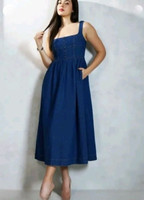 HouseOfCommon Women Fit and Flare Blue Midi/Calf Length Dress