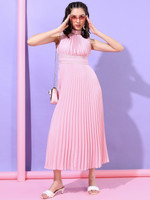 Tokyo Talkies Women Pleated Pink Midi/Calf Length Dress