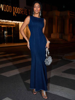 KOTTY Women Fit and Flare Dark Blue Maxi/Full Length Dress