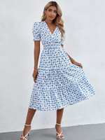 KOTTY Women Fit and Flare White, Dark Blue Midi/Calf Length Dress