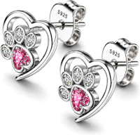 earinsta jewels 925 Sterling Silver Korean Style Pink Heart Paw Stud Earrings Girls & Women Zircon Sterling Silver Stud Earring