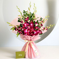 Fresh Live Flower Bouquet of 6 Purple Orchids, Pink Wrap with Ribbon Fresh Blue Orchids Bouquets(6 Flowers)