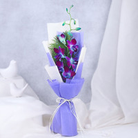 Fresh Blue Orchid Flower Bouquet with White & Purple Wrap and Morpankhi Filler Fresh Blue Orchids Flower(1 Flower)