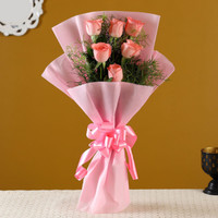Fresh Baby Pink Rose Bouquet (6 Roses) with White Wrap and Pink Raffia Thread Fresh Pink Rose Bouquets(6 Flowers)