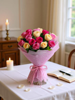 Fresh Live Flower Bouquet of 15 Mixed Roses, Self-Watering Standing Bouquet Fresh Multi Rose Bouquets(15 Flowers)