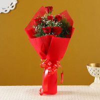 Fresh Live Flower Bouquet of 6 Red Roses, Red Packing with White Gypsy Fillers Fresh Red Rose Bouquets(6 Flowers)