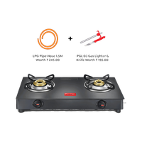Prestige Atlas Plus Toughened Glass top with Lighter Knife and Hose Pipe Glass Manual Gas Stove(2 Burners)