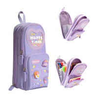 EasyTac Pencil Pouch School Stationery Large Capacity Pouch for kids with 3 Sticker Geometry Box(Purple)