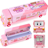 RETRIX Cartoon Printed School Bus Metal Pencil Box with Moving Tyres and Sharpener Geometry Box(Pink)