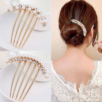 HONEY ACCESSORIES 2Pcs Pearl French Clips,Hair Pearl Comb rystal Rhinestone Hair Combs for Women Bun Clip(White, Gold)