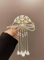 Blubby White Pearl Floral Hair Claw Clip with Dangling Beads for Women Hair Claw(White)