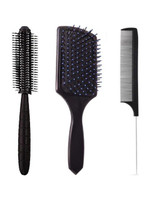 SANDIP pack of 3 hair brush-Rectangular Cushion Brush(1) & round Blow Drying Roller Hair Brush(1) & Black Carbon Rat tail , Sectioning comb with Steel Handle with Non-skid Paddle for hair styling (1)