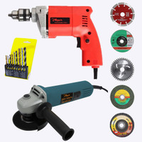 Hillgrove HGCM1367M1 100% Copper Winding 10mm Drill Gun Drilling Machine Kit Set with HGCM1367M1 4inch Hand Angle Grinder Wall Cutter Grinding Glender Cutting Machine Hammer Drill(10 mm Chuck Size, 500 W)
