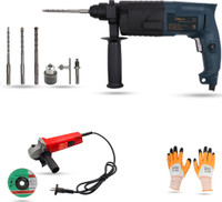 Hillgrove HGCM491M1 20mm Hammer Impact Drill Machine with Angle Grinder,Drill Chunk(13mm), SDS Adapter,Gloves,3Pcs SDS Plus Bits for Making Holes in Metal/Wood/Concrete Hammer Drill(20 mm Chuck Size, 750 W)