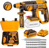 INGCO Brushless Rotary Hammer | 4.0Ah Battery and Charger | 5400BPM 2.0J 1100RPM | with 3 Drills and 1 Chisel | Rotary Hammer Drill(22 mm Chuck Size, 650 W)