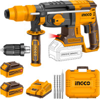 INGCO Brushless Rotary Hammer with a Keyless Quick-change Chuck | 2*4.0Ah Batteries | 5000BPM 2.5J 1100RPM | 3 Drills and 1 Chisel | Rotary Hammer Drill(26 mm Chuck Size, 650 W)