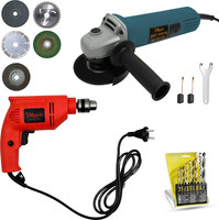 Hillgrove HGCM1386M2 100% Copper Winding 10mm Drill Gun Drilling Machine Kit Set with HGCM1386M2 4inch Hand Angle Grinder Wall Cutter Grinding Glender Cutting Machine Hammer Drill(10 mm Chuck Size, 600 W)