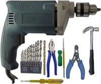 DUMDAAR 6-Month Warranty 10mm Electric Drill Machine 350w with 13pc hss Plier Wire Cutter Tester Screwdriver Claw Hammer Masonry bit Set (Pack of 8) Hammer Drill(10 mm Chuck Size, 350 W)