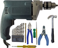 DUMDAAR 6-Month Warranty Electric Machine with 13pc hss Plier Wire 100 Cutter Tester Screwdriver Claw Hammer Masonry bit Set (Pack of 8) Hammer Drill(10 mm Chuck Size, 350 W)