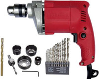 Inditrust 10mm 350w RED Electric Drill machine 6-Month warranty 100% Copper Winding with 13pc HSS bit, 6pc Holesaw bit & 1pc Masonry bit set Hammer Drill(10 mm Chuck Size, 350 W)