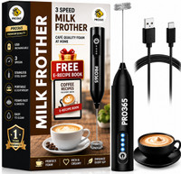 PRO365 50 W Black Electric Whisk(USB Electric Frother with 3 Mixing Modes for Coffee - Handheld Whisk Beater)