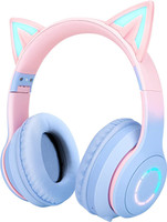 DAEMON Kids Foldable Headset with Microphone, Girls/Boys Cat Bluetooth Headphone Bluetooth & Wired(Pink Blue, On the Ear)