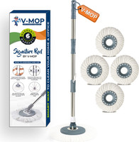 V-MOP Premium Classic Mop Stick Rod With 4 Refills ( 6 Months Warranty on Rod Set ) String Mop(White, Grey)