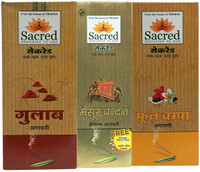 SACRED Natural Fragrance for Puja, Meditation, Refreshing Ambience, Combo of Family Pack 156 Gulab, 156 Phool Champa Stick, Eco Pack of 68 Mysore Chandan Stick(380 Units, Set of 3)