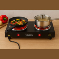 WELLBERG 2000 W Radiant Cooktop Jog Dial(Black, Double Burner Electric Stove | Heavy-Duty Coil Hot Plate for Fast, Safe Cooking)