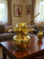 Divine Bazaar Mangal Kalash for Pooja | Traditional Hindu Ritual Item with Brass Mango Leaf Brass Kalash(Yellow)