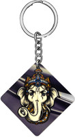 AFH Lord Gajanan Gajmukh Wooden Square Keychain for Men and Women Key Chain