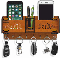 NewCrafts 2 Pocket Mobile Stand Holder for Wall | Key Holder for Wall Furniture for Home Wood Key Holder(8 Hooks, Brown)
