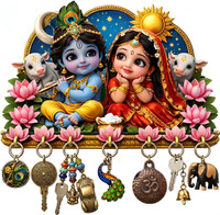 Shivmaan Art Premium Radha Krishna Wooden Key Holder for Home Decor for Wall, Living Room Wood Key Holder(7 Hooks, Multicolor)